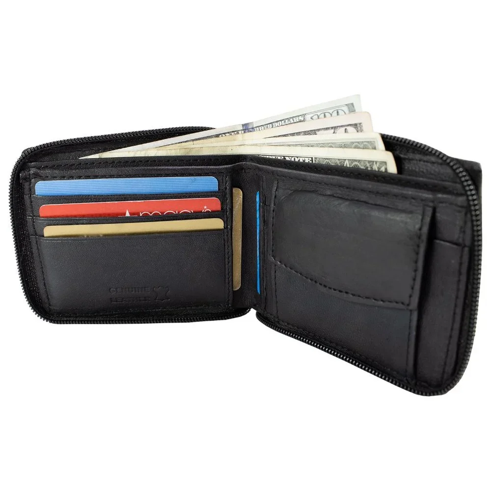 Men Lambskin Leather Bifold Wallet, Black
